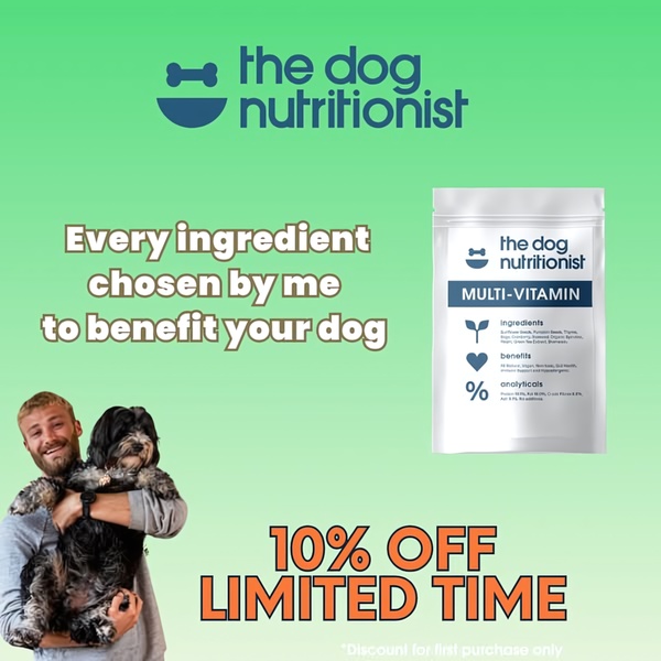 A square ad creative featuring a brand founder holding a dog next to a product pack with a clear, benefit-driven value proposition and a limited-time discount offer.